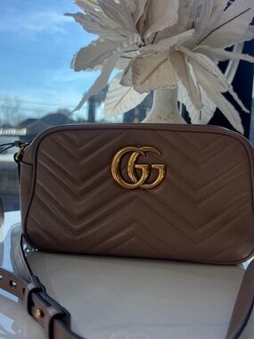 Gucci Small GG Marmont Matelassé Crossbody in Taupe